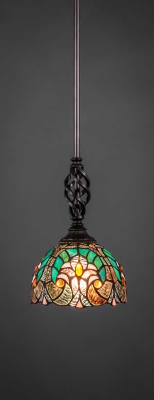 Eleganté Mini Pendant With Hang Straight Swivel Shown In Dark Granite Finish With 7" Turquoise Cypress Tiffany Glass