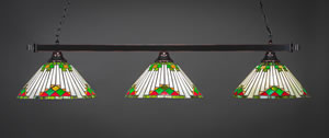 Square 3 Light Bar Shown In Black Copper Finish With 15" Green Sunray Tiffany Glass