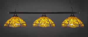 Square 3 Light Billiard Light Shown In Black Copper Finish With 16" Amber Dragonfly Tiffany Glass