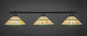 Square 3 Light Bar Shown In Black Copper Finish With 15.5" Honey Glass & Green Jewels Tiffany Glass