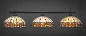 Square 3 Light Billiard Light Shown In Black Copper Finish With 16" Roman Jewel Tiffany Glass