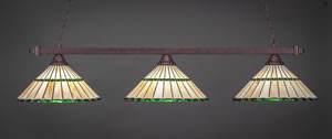 Square 3 Light Billiard Light Shown In Bronze Finish With 15.5" Honey Glass & Green Jewels Tiffany Glass