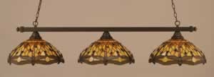 Square 3 Light Billiard Light Shown In Dark Granite Finish With 16" Amber Dragonfly Tiffany Glass