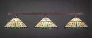 Square 3 Light Billiard Light Shown In Dark Granite Finish With 15.5" Honey Glass & Green Jewels Tiffany Glass