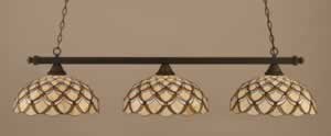 Square 3 Light Billiard Light Shown In Dark Granite Finish With 16" Honey & Brown Scallop Tiffany Glass
