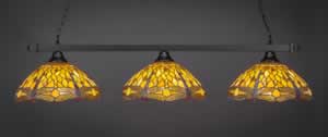 Square 3 Light Bar Shown In Matte Black Finish With 16" Amber Dragonfly Tiffany Glass