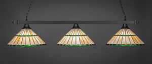 Square 3 Light Bar Shown In Matte Black Finish With 15.5" Honey Glass & Green Jewels Tiffany Glass