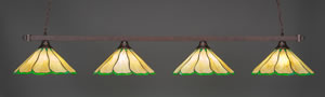 Square 4 Light Billiard Light Shown In Bronze Finish With 16" Honey & Hunter Green Flair Tiffany Glass