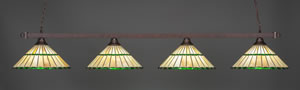 Square 4 Light Billiard Light Shown In Bronze Finish With 15.5" Honey Glass & Green Jewels Tiffany Glass