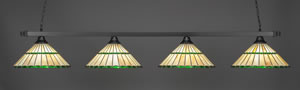 Square 4 Light Bar Shown In Matte Black Finish With 15.5" Honey Glass & Green Jewels Tiffany Glass