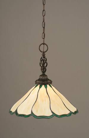 Eleganté Pendant Shown In Dark Granite Finish With 16" Honey & Hunter Green Flair Tiffany Glass