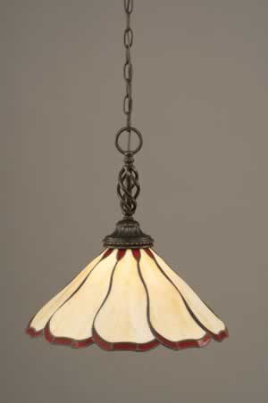 Eleganté Pendant Shown In Dark Granite Finish With 16" Honey & Burgundy Flair Tiffany Glass