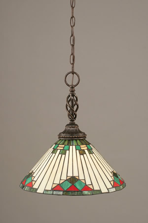 Eleganté Pendant Shown In Dark Granite Finish With 15" Green Sunray Tiffany Glass