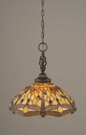 Eleganté Pendant Shown In Dark Granite Finish With 16" Amber Dragonfly Tiffany Glass