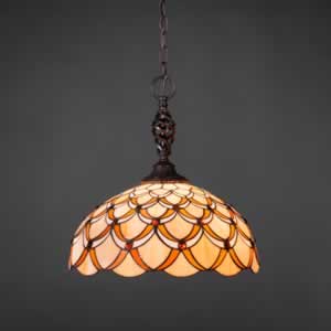 Eleganté Pendant Shown In Dark Granite Finish With 16" Honey & Brown Scallop Tiffany Glass