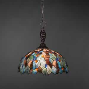 Eleganté Pendant Shown In Dark Granite Finish With 16" Blue Mosaic Tiffany Glass