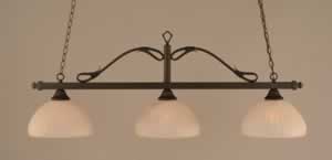 Scroll 3 Light Billiard Light Shown In Bronze Finish With 14" Rosetta Pumpkin Glass