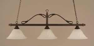 Scroll 3 Light Billiard Light Shown In Bronze Finish With 14" White Alabaster Swirl Glass