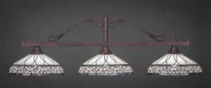 Scroll 3 Light Billiard Light Shown In Dark Granite Finish With 14" Rosetta Pumpkin Glass