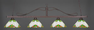 Scroll 4 Light Bar Shown In Bronze Finish With 15" Green Sunray Tiffany Glass