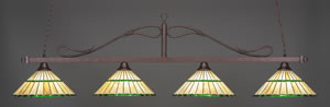 Scroll 4 Light Billiard Light Shown In Bronze Finish With 15.5" Honey Glass & Green Jewels Tiffany Glass