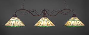 Jazz 3 Light Billiard Light Shown In Bronze Finish With 15.5" Honey Glass And Green Jewels Tiffany Glass