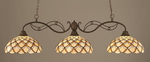 Jazz 3 Light Billiard Light Shown In Bronze Finish With 16" Honey & Brown Scallop Tiffany Glass