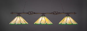 Eleganté 3 Light Billiard Light Shown In Dark Granite Finish With 16" Honey & Hunter Green Flair Tiffany Glass