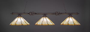 Eleganté 3 Light Billiard Light Shown In Dark Granite Finish With 16" Honey & Brown Flair Tiffany Glass