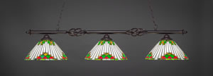 Eleganté 3 Light Billiard Light Shown In Dark Granite Finish With 15" Green Sunray Tiffany Glass