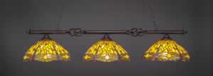 Eleganté 3 Light Billiard Light Shown In Dark Granite Finish With 16" Amber Dragonfly Tiffany Glass