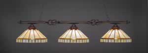 Eleganté 3 Light Billiard Light Shown In Dark Granite Finish With 15" Honey & Brown Mission Tiffany Glass