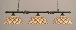 Eleganté 3 Light Billiard Light Shown In Dark Granite Finish With 16" Honey & Brown Scallop Tiffany Glass