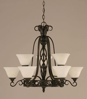 Eleganté 9 Light Chandelier Shown In Dark Granite Finish With 7" White Marble Glass