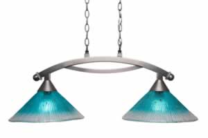 Bow 2 Light Island Light Shown In Brushed Nickel Finish With 12" Teal Crystal Glass