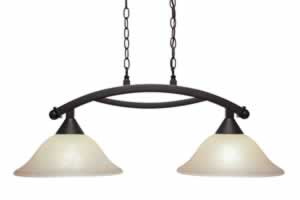 Bow 2 Light Island Light Shown In Dark Granite Finish With 12" Amber Marble Glass