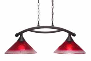 Bow 2 Light Island Light Shown In Dark Granite Finish With 12" Raspberry Glass