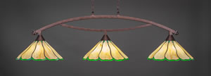 Bow 3 Light Billiard Light Shown In Bronze Finish With 16" Honey & Hunter Green Flair Tiffany Glass