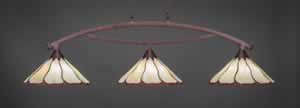 Bow 3 Light Billiard Light Shown In Bronze Finish With 16" Honey & Burgundy Flair Tiffany Glass