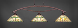 Bow 3 Light Billiard Light Shown In Bronze Finish With 15.5" Honey Glass & Green Jewels Tiffany Glass