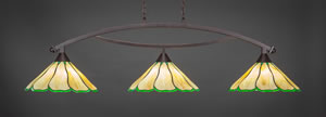 Bow 3 Light Billiard Light Shown In Dark Granite Finish With 16" Honey & Hunter Green Flair Tiffany Glass