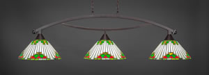 Bow 3 Light Billiard Light Shown In Dark Granite Finish With 15" Green Sunray Tiffany Glass