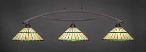 Bow 3 Light Billiard Light Shown In Dark Granite Finish With 15.5" Honey Glass & Green Jewels Tiffany Glass