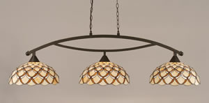 Bow 3 Light Billiard Light Shown In Dark Granite Finish With 16" Honey & Brown Scallop Tiffany Glass