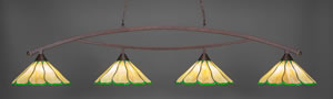 Bow 4 Light Billiard Light Shown In Bronze Finish With 16" Honey & Hunter Green Flair Tiffany Glass