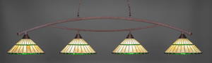 Bow 4 Light Billiard Light Shown In Bronze Finish With 15.5" Honey Glass & Green Jewels Tiffany Glass