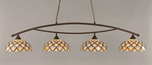 Bow 4 Light Billiard Light Shown In Bronze Finish With 16" Honey & Brown Scallop Tiffany Glass