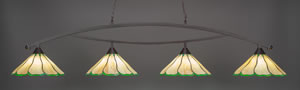 Bow 4 Light Billiard Light Shown In Dark Granite Finish With 16" Honey & Hunter Green Flair Tiffany Glass