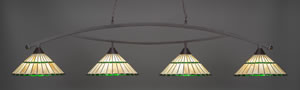 Bow 4 Light Billiard Light Shown In Dark Granite Finish With 15.5" Honey Glass & Green Jewels Tiffany Glass