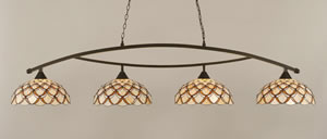 Bow 4 Light Billiard Light Shown In Dark Granite Finish With 16" Honey & Brown Scallop Tiffany Glass